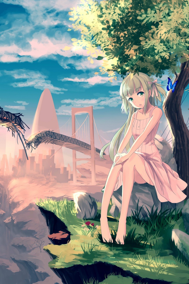 Аниме девушка на фоне разрушенного моста