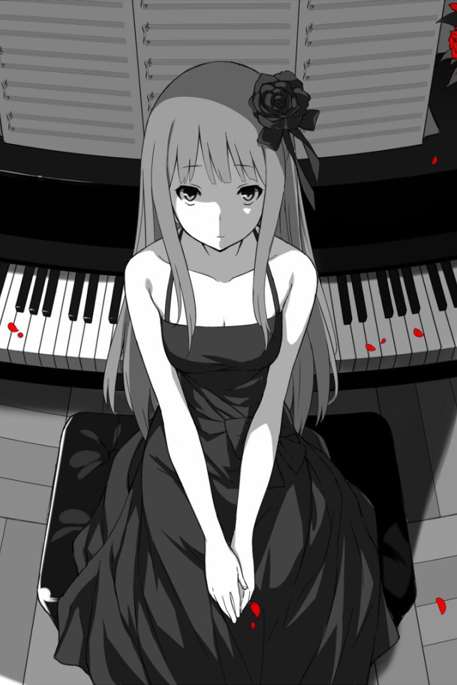 Аниме девушка сидит у пианино