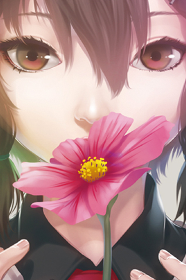 Девушка аниме нюхает розовый цветок