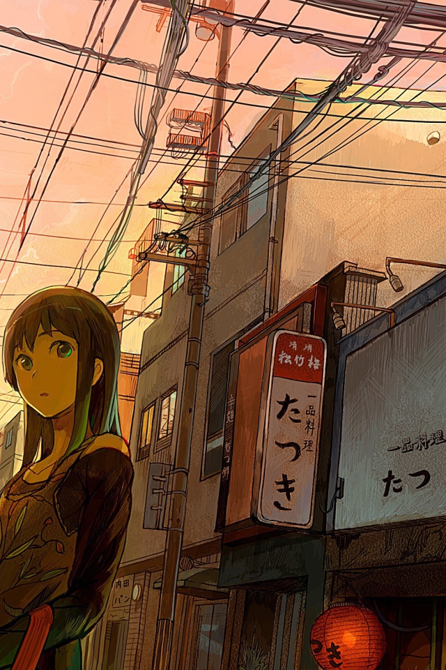 Девушка аниме гуляет по городу
