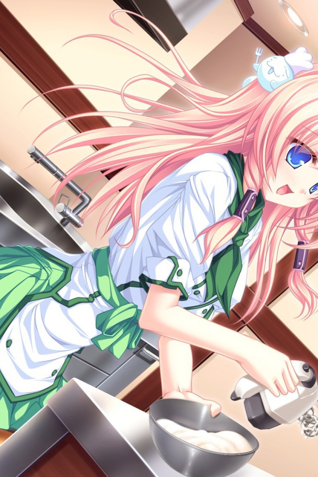 Девушка аниме с миксером на кухне
