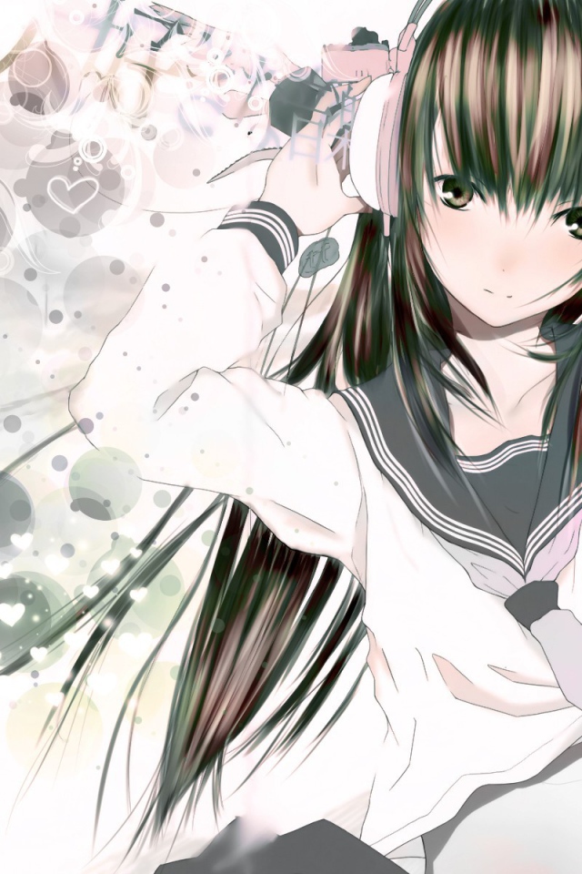 Аниме девушка в наушниках и школьной форме