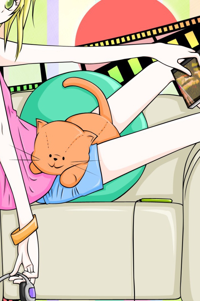 Девушка аниме с рыжим котом на коленях