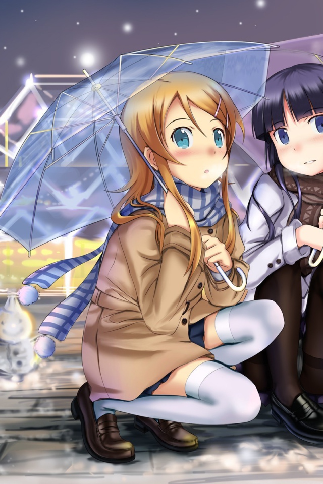 Девочки аниме под прозрачными зонтиками
