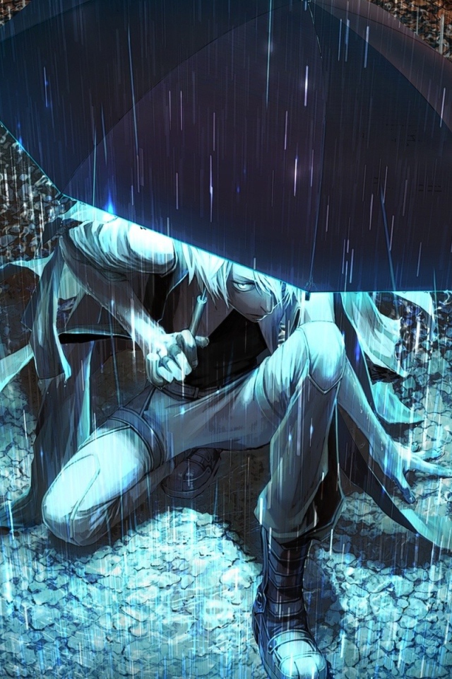 Парень аниме прячется от дождя под светящимся зонтом