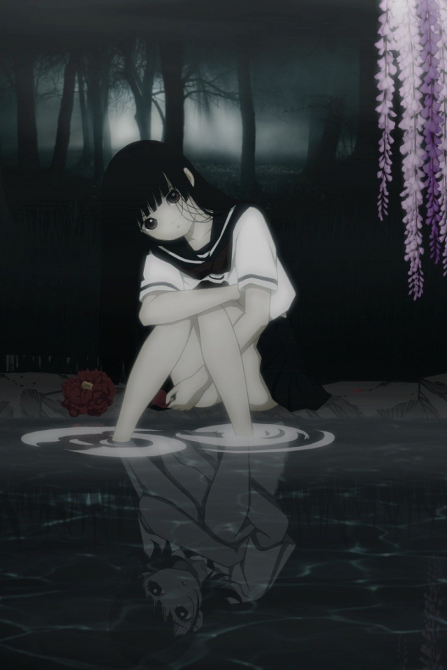 Девушка аниме грустит у воды