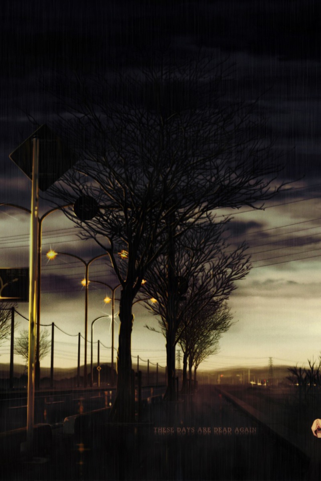 Парень аниме грустит у дороги под дождем