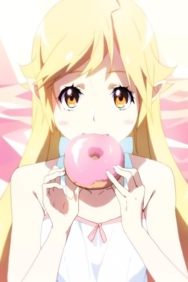 Светловолосая девушка аниме ест розовый пончик