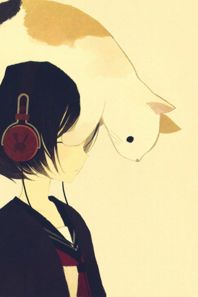 Кот на голове девушки аниме