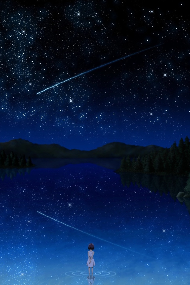 Комета в звездном небе над озером, аниме