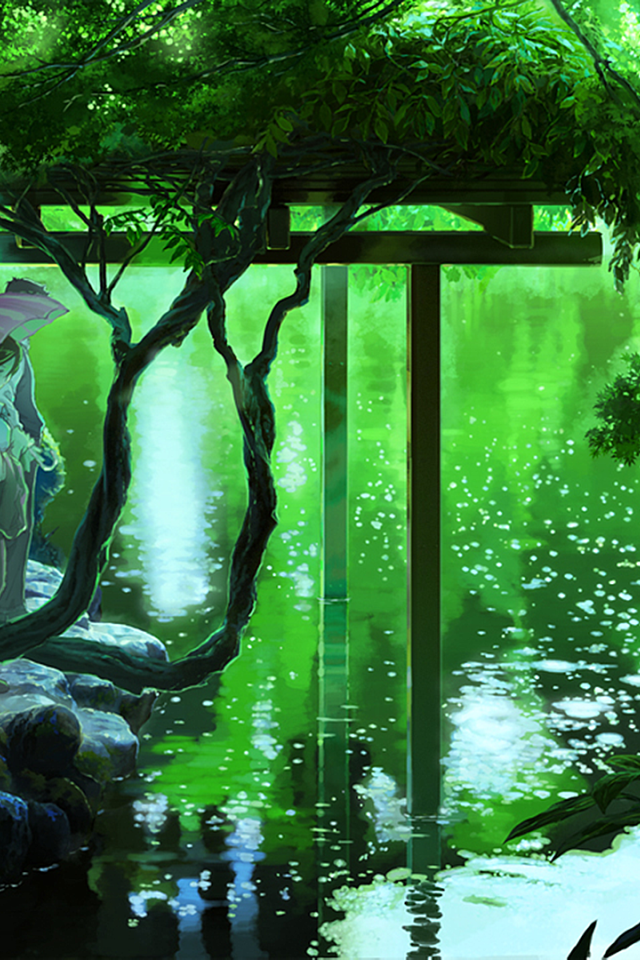 Пара под зонтом на берегу озера