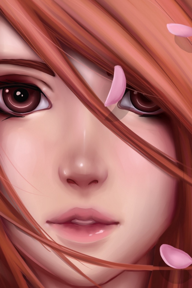 Лицо девушки аниме в лепестках сакуры