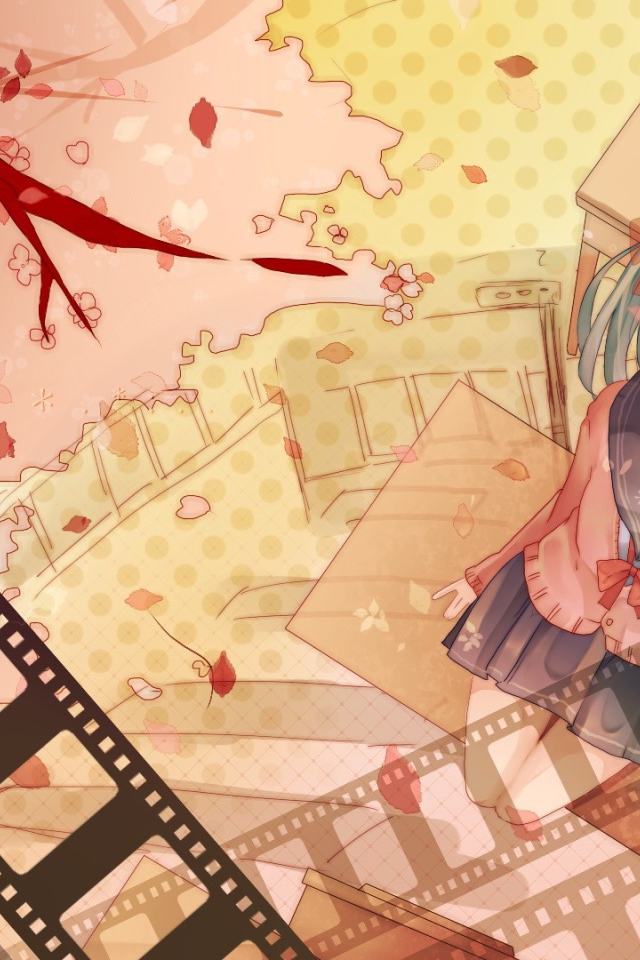 Девочка аниме Hatsune Miku на фоне кинопленки