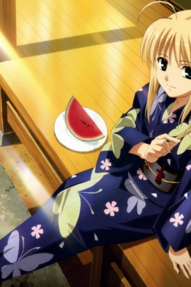 Девушка кушает арбуз в аниме Fate Series