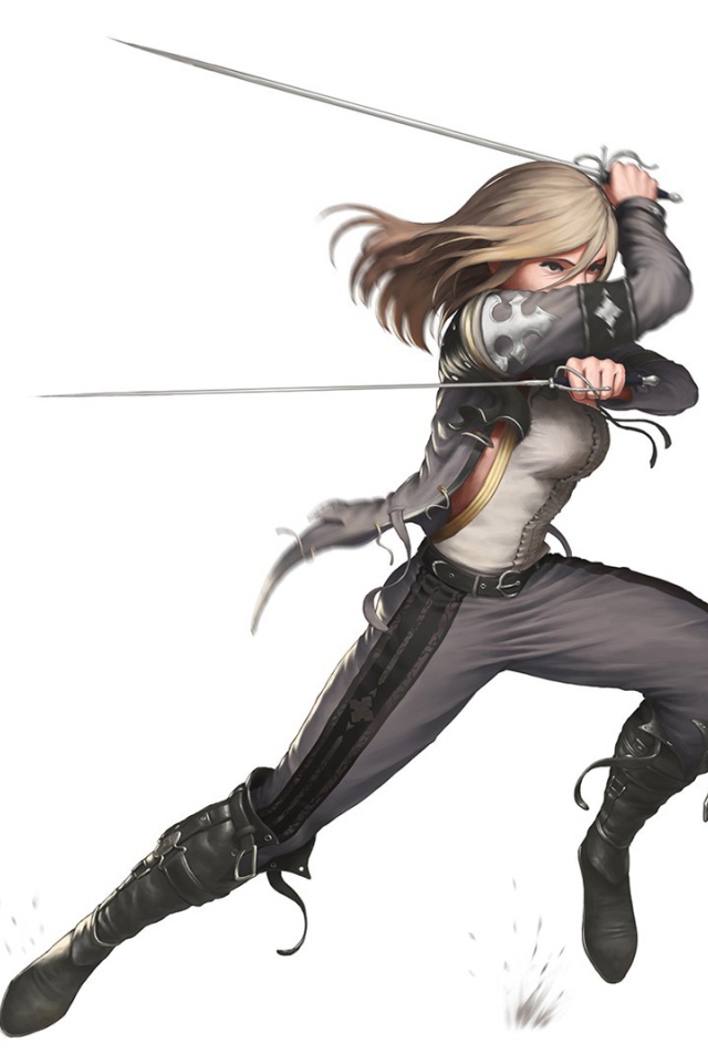 Девушка фехтует рапирами на белом фоне, аниме