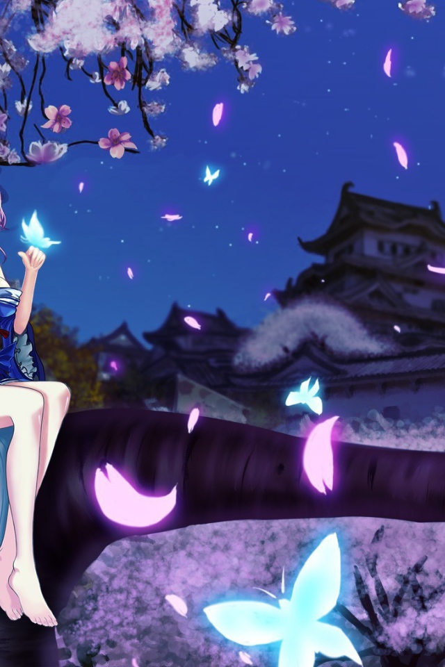 Девушка сидит на дереве в аниме Saigyouji Yuyuko