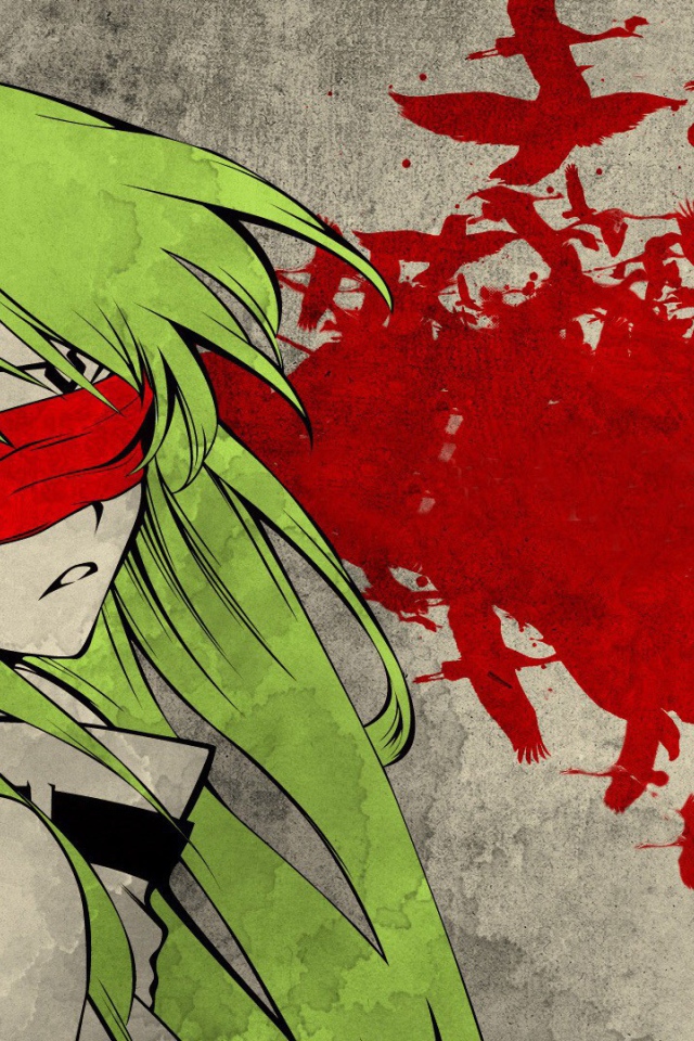 Зеленоволосая девушка с красной повязкой на глазах, аниме Code Geass
