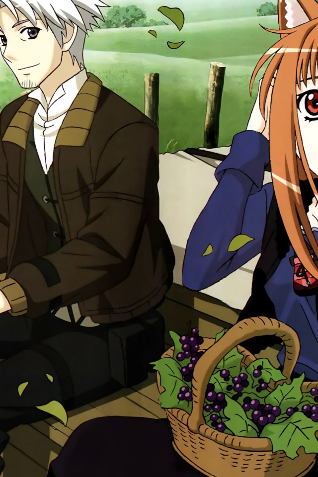 Влюбленная пара сидит на скамье в аниме Волчица и пряности