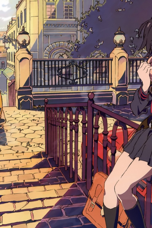 Девушка Матои сидит на заборе, аниме