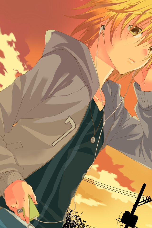 Рыжая девушка аниме на фоне неба