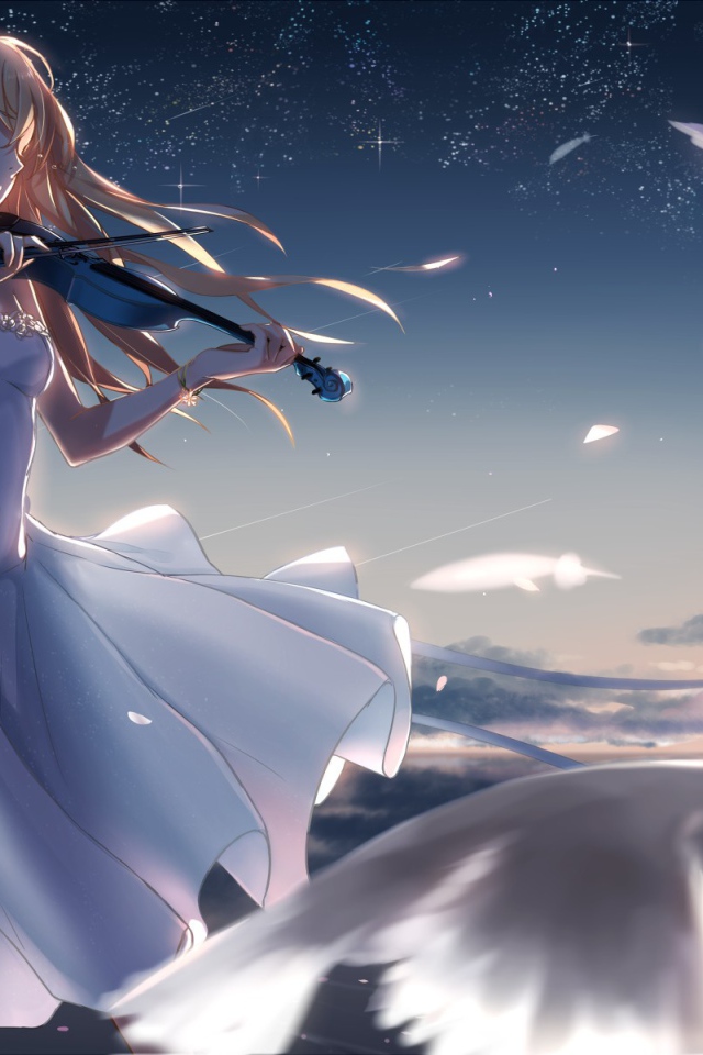 Девушка играет на скрипке среди голубей, аниме