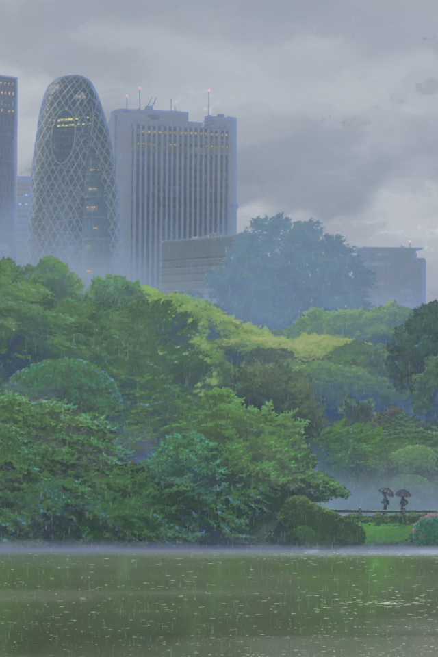 Небоскребы утопают в зелени, рисунок аниме