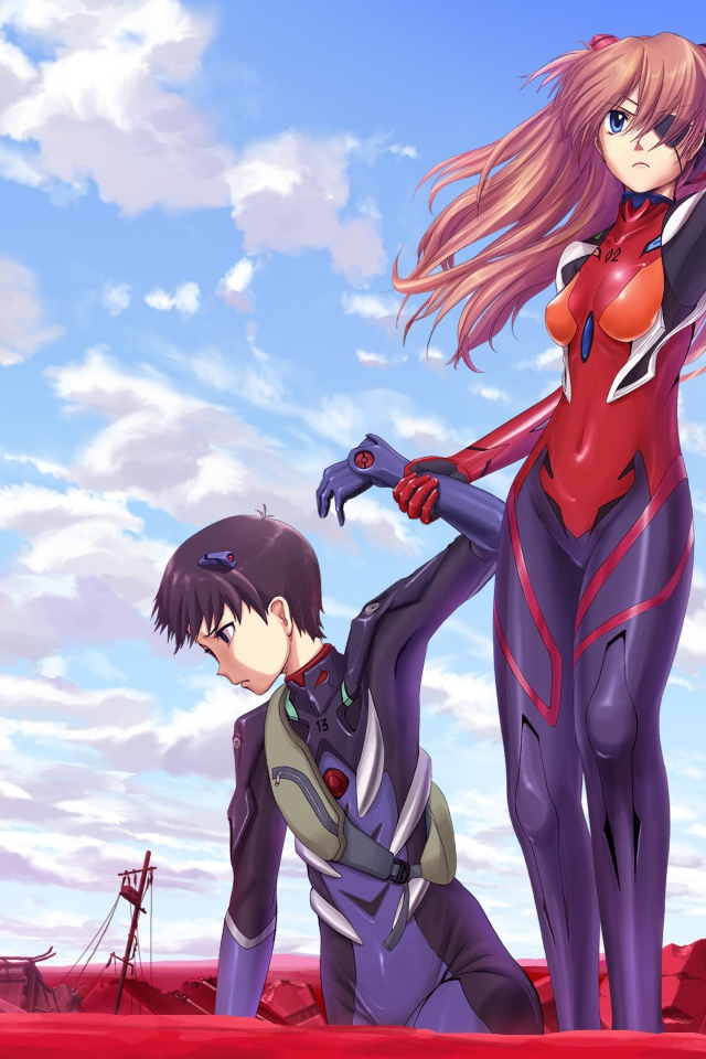 Девушка помогает парню встать на ноги, аниме