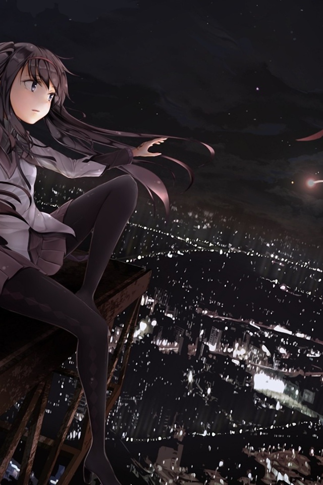 Девушка смотрит на ночной город, аниме Девочка-волшебница Мадока