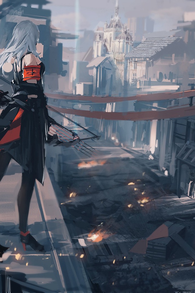 Девушка смотрит на город с высоты, аниме Pixiv Fantasia T