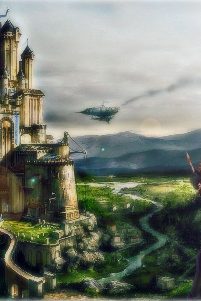 Девушка на фоне замка в аниме Сказка о хвосте феи