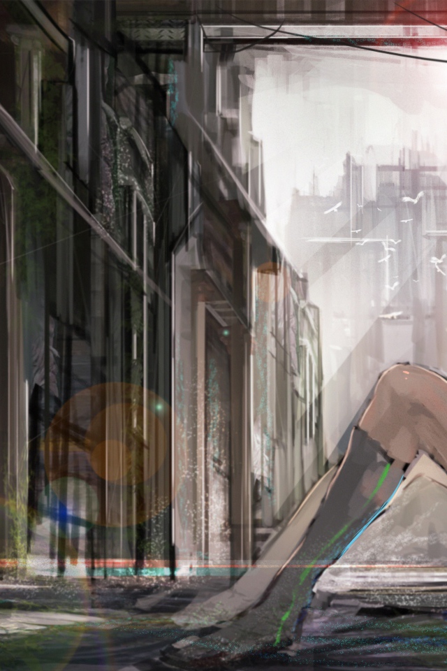 Зеленоглазый Вокалоид сидит у стены на улице