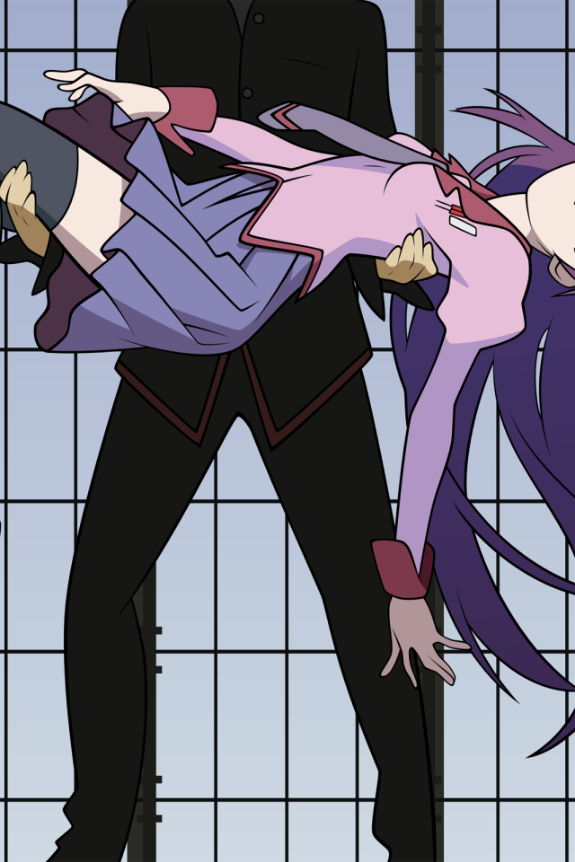 Парень держит девушку на руках в аниме Monogatari Series