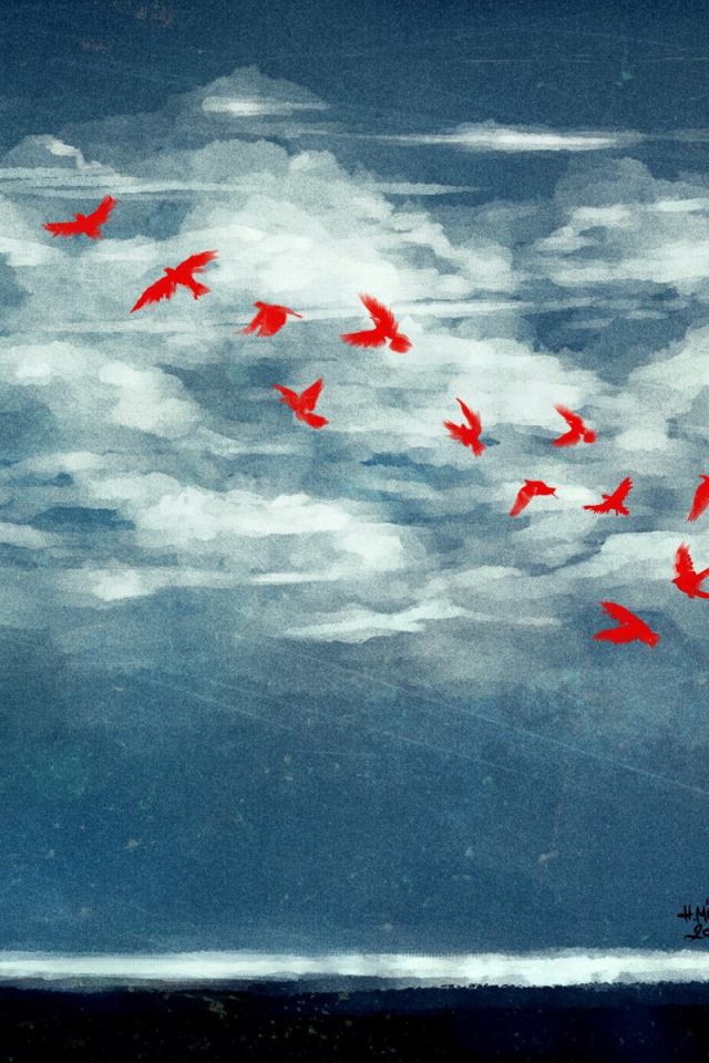 Двое смотрят на стаю красных птиц, аниме