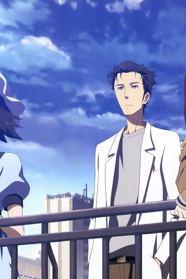 Три персонажа аниме Врата Штейна стоят у перил