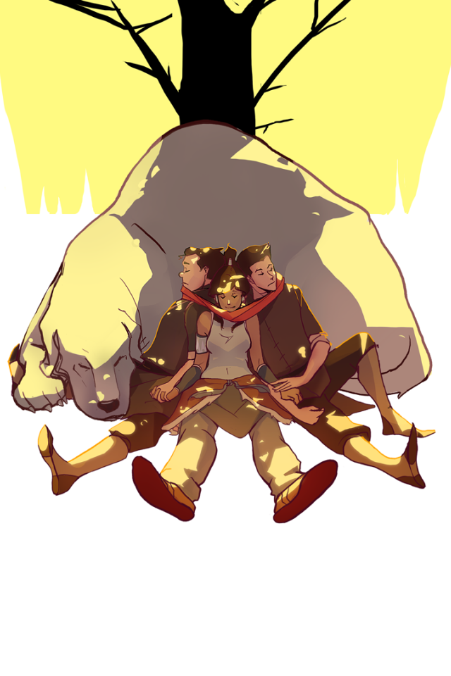 Три персонажа аниме Легенда о Корре спят у бока животного