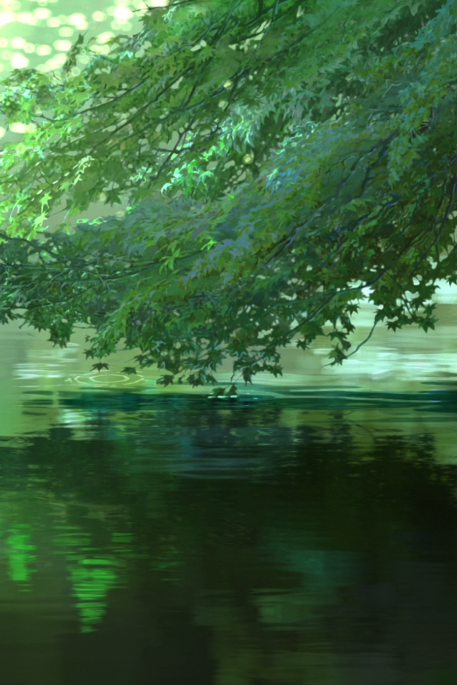 Дерево над водой в аниме Сад изящных слов