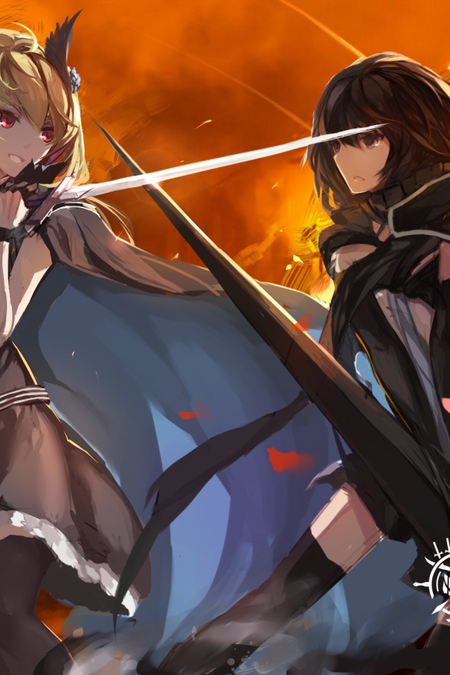 Две девушки на фоне огня, аниме Pixiv Fantasia