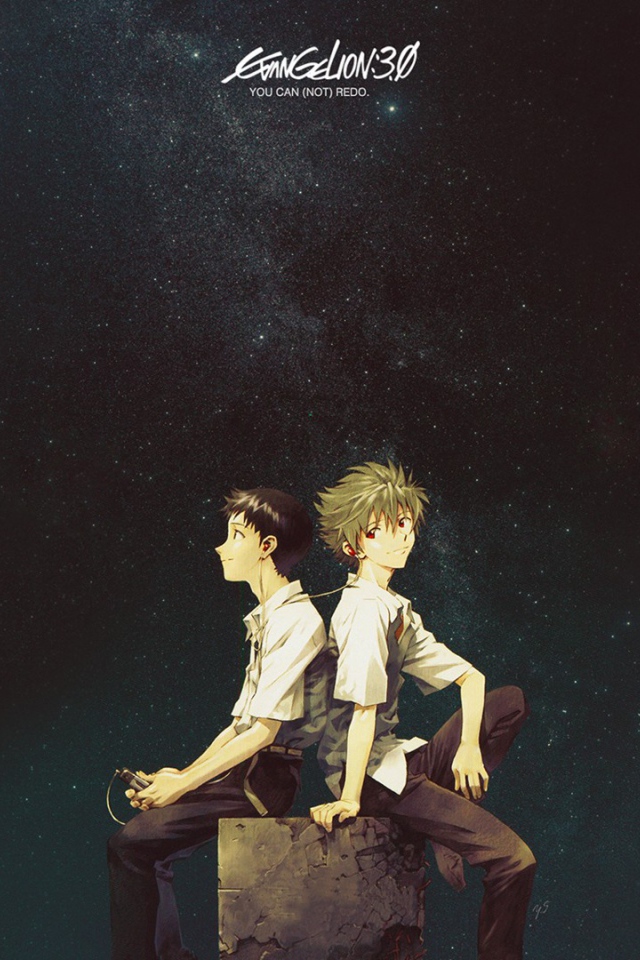 Два парня сидят на камне и слушают музыку, аниме