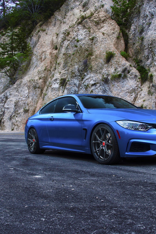 Голубой BMW M4 на фоне скалы