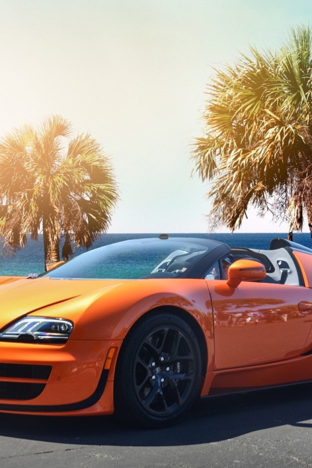 Оранжевый Bugatti Veyron на фоне пальм у моря