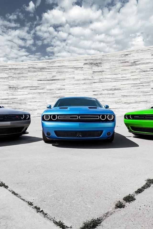 Три Dodge Challenger разных цветов