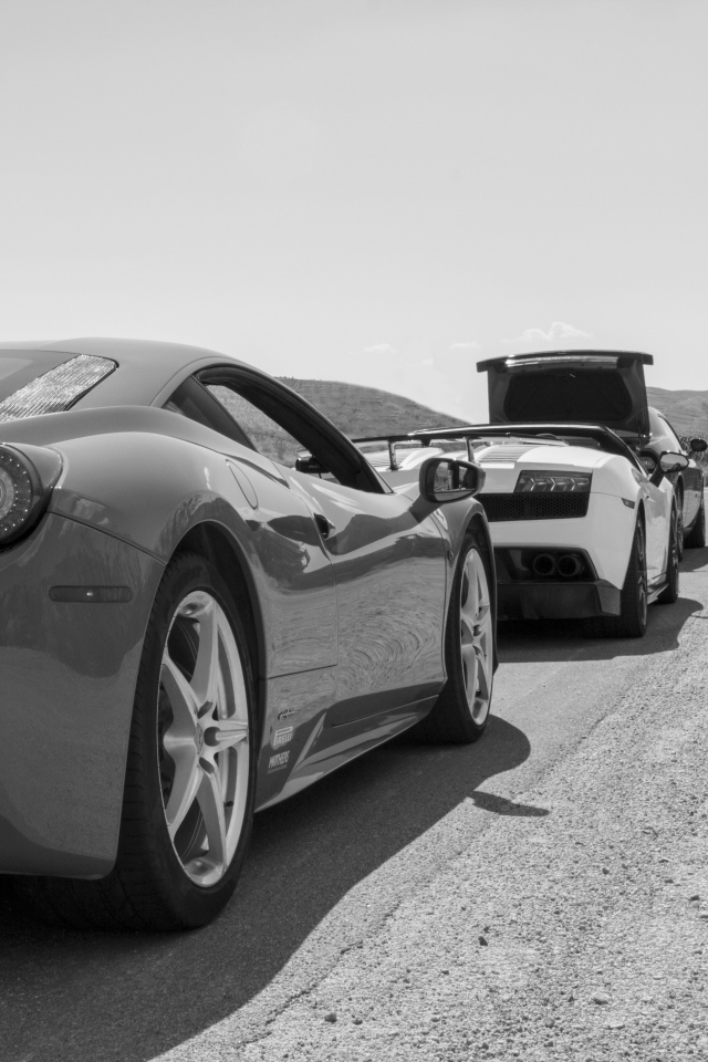 Черно белое фото автомобиля Ferrari 458