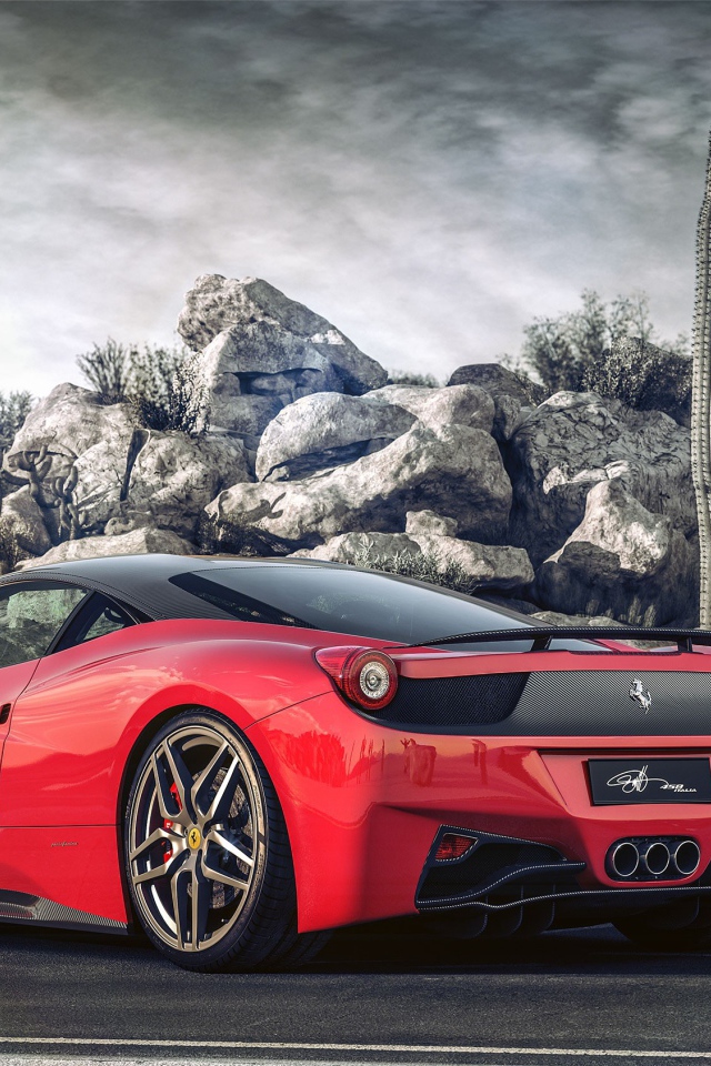 Красный Ferrari у горы из камней