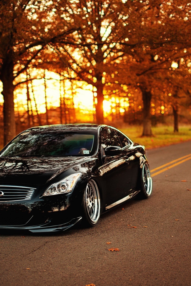 Черный Infiniti на шоссе среди осенних деревьев