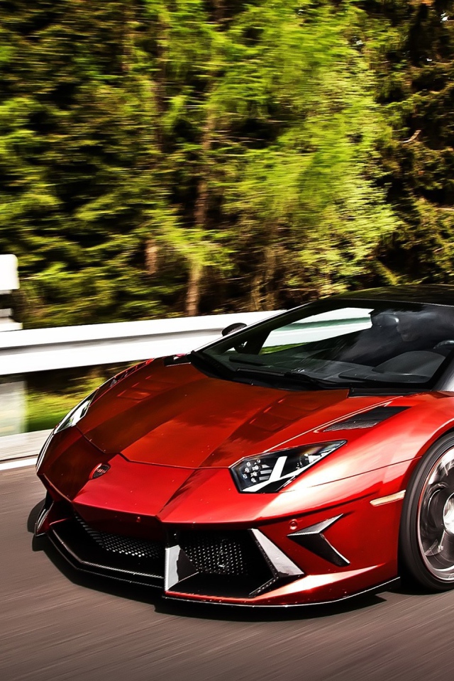 Темно красный Lamborghini Aventador на шоссе в лесу