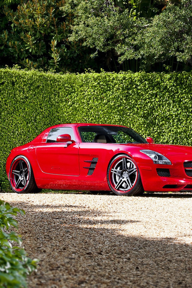 Красный Mercedes у забора из зелени