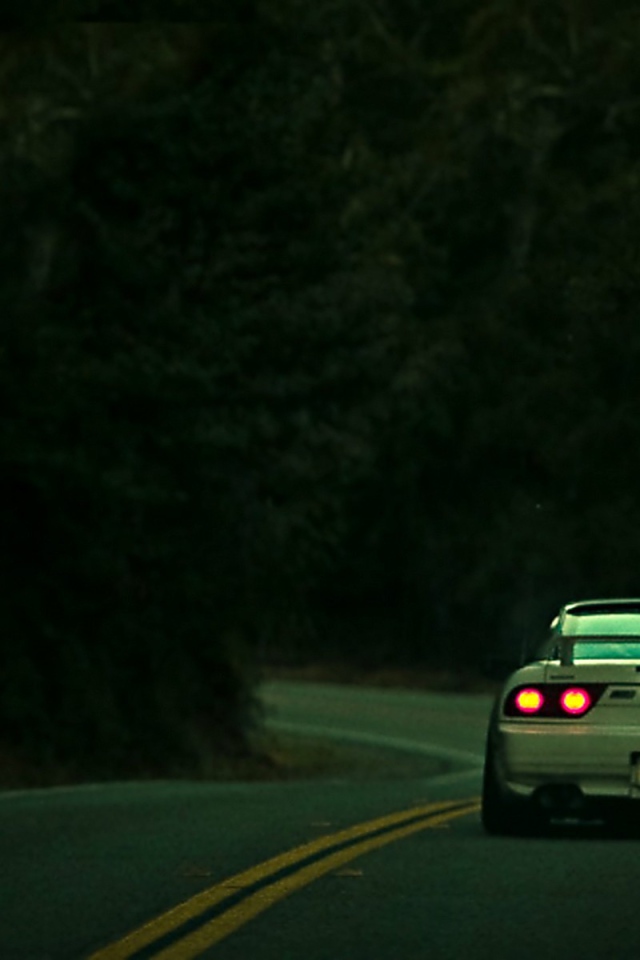 Nissan стоит на шоссе в лесу