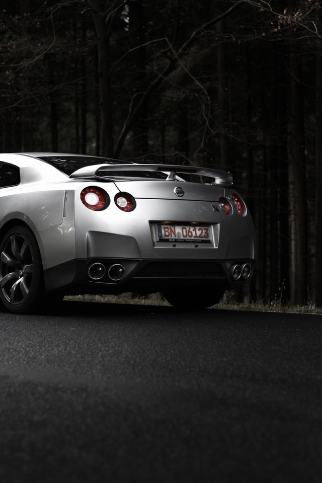 Серебристый Nissan GT-R на фоне темного леса