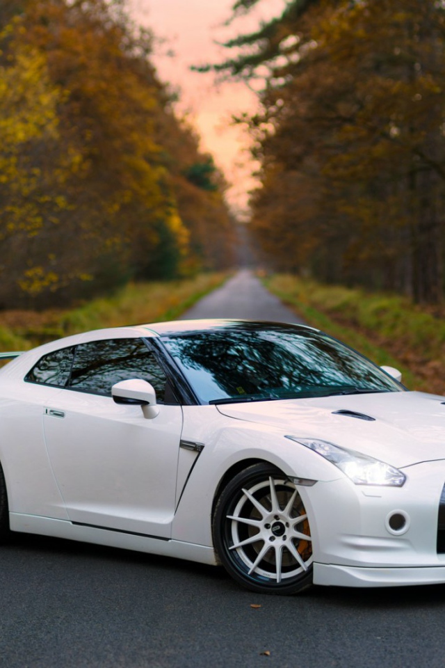 Белый Nissan GT-R на дороге в лесу