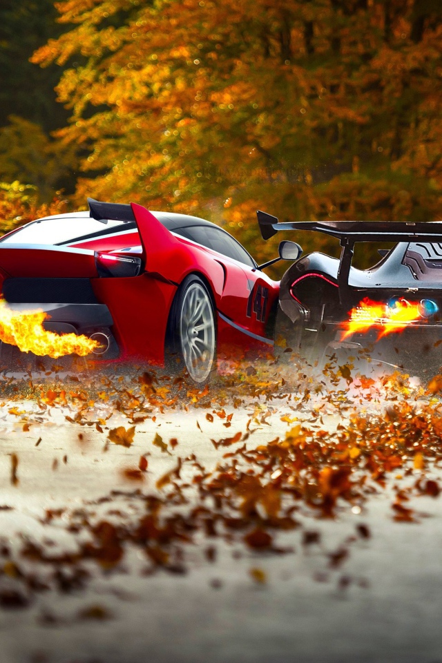Гонка на осенней аллее Ferrari FXXK и McLaren P1